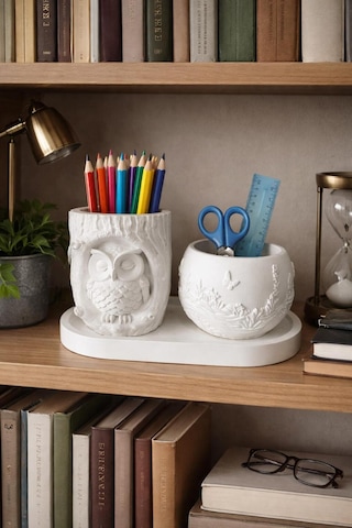 Baykuş & Çiçek Desenli El Yapımı Dekoratif Organizer Seti Tepsili
