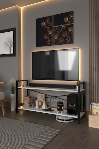 Exen Tv Ünitesi Dekoratif 2 Raflı Metal Ayaklı Tv Sehpası Beyaz