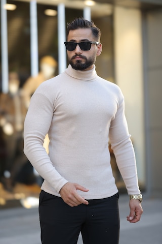 Erkek Bej Boğazlı Triko Kazak Bej