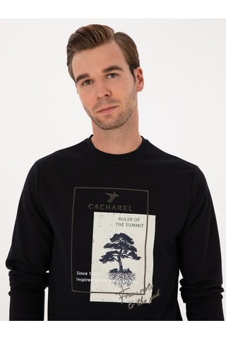 Lacivert Regular Fit Bisiklet Yaka Baskılı Sweatshirt