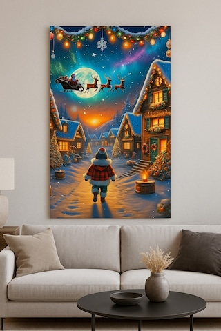 Yılbaşı Köyü Ve Noel Baba Kış Manzarası Cam Tablo Işıklı Kar Temalı Dekor