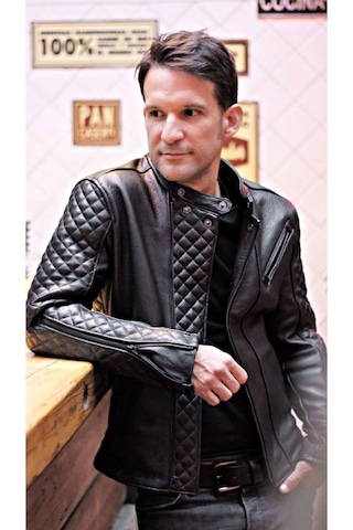 Nyc Giyim Tekstil & Deri Kapitone Dikim Detaylı Hakiki Koyun Derisi Biker Mont Siyah