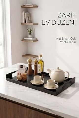 Metal Çay Tepsisi Siyah Sunum Tepsisi Servis Tepsisi Dikdörtgen Dekoratif Tepsi Kahve Çay Servis Tepsisi Mutfak Banyo Organizer Tepsi 15cm