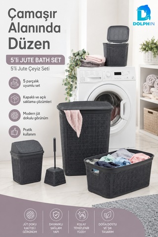 Jute Çeyiz Seti 5 Li Plastik Banyo Mutfak Dolap İçi Düzenleyici Sepet Çöp Kovası Klozet Fırçası Seti Siyah