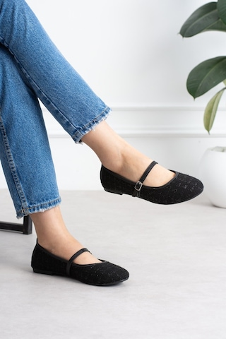 Shoetek Sawra Kadın Babet Önden Bantlı Tokalı Keten Dokumalı Siyah Siyah Keten