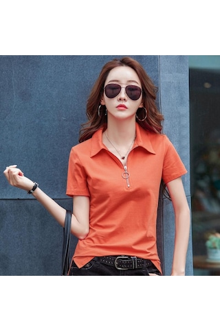 Turuncu Fermuar Turn-down Yaka T Gömlek Kadın Kısa Kollu Yaz Üstleri Pamuk Tshirt Kadın Kore Giysileri Tee Gömlek Femme Turuncu
