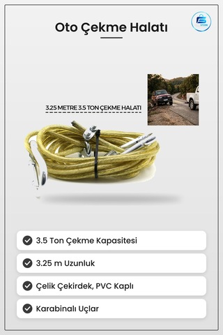 Oto Çekme Halatı 3.5 Ton 3.25 M Çelik Pvc Kaplamalı Karabinalı Ar