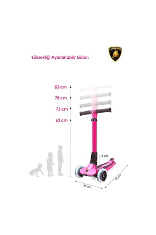 Lamborghini Lisanslı L1 Luxury Katlanabilir 3 Tekerlekli Işıklı Çocuk Scooter Pembe