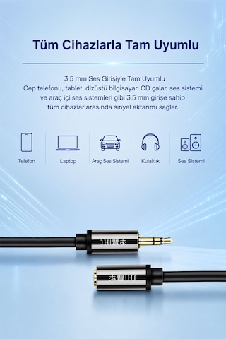 3.5mm Aux Ses Uzatma Kablosu 1.5 Metre, Erkek Dişi Stereo Jack Kablo, Telefon Tablet Tv Bilgisayar Kulaklık Hoparlör Araç Ses Sistemi Uyumlu, Altın Kaplama Tak Çalıştır A130e