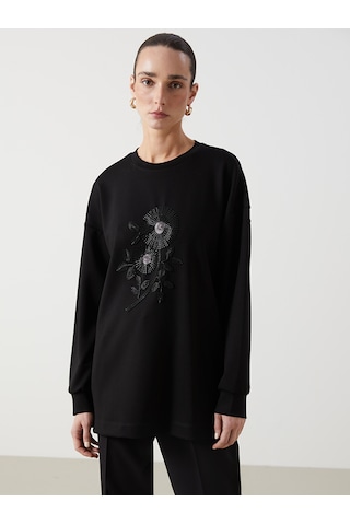Lcwaıkıkı Classic Siyah Bisiklet Yaka Boncuk İşlemeli Kadın Sweatshirt Tunik