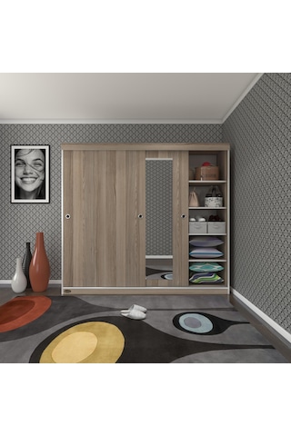 Kenzlife Gardırop Sürgülü Kapaklı Kapılı 200 Papatya Crd Aynalı Gardolap Dolap