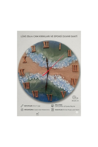 Lüks Artizan Epoksi Duvar Saati - 35x35 Cm Özel Tasarım Cam Kırığı Dokulu Salon Ve Ofis Saati Çok Renkli
