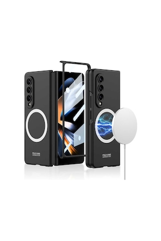 Samsung Uyumlu Galaxy Z Fold 4 Kılıf Wireless Şarj Özellikli Zore Kıpta M-safe Kapak Siyah