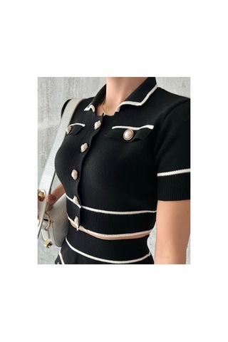 De Pose Kadın Siyah Polo Yaka Inci Düğmeli Mini Etek Crop Ikili Takım