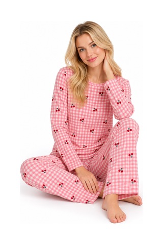 Sleeeproom Kadın Süet Mevsimlik Ekose Desen Pembe Pijama Takımı Pembe - Beyaz