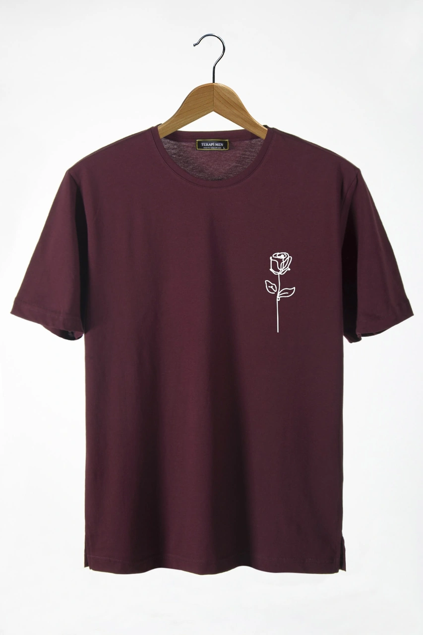 Veaven Unisex Bordo Önü Gül Baskılı Bisiklet Yaka Oversize Kalıp Basic Pamuklu T-shirt Bordo