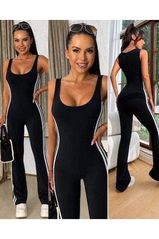 Alyn Wear Kadın Askılı Kare Yakalı Yandan Şeritli Uzun Dalgıç Tulum Siyah