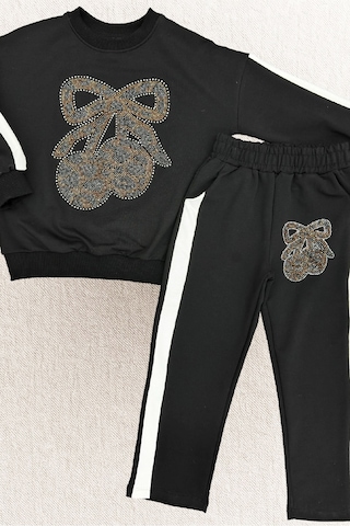 Kız Çocuk Taş İşlemeli Kiraz Ve Fiyonk Desenli-2 İplik-alt-üst Takım-5-12 Yaş 12445 Siyah