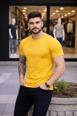 Butik İstanbul Erkek T-shirt Bisiklet Yaka Slim Fit Dar Kesim Likralı Tişört Günlük Basic Body - Sarı