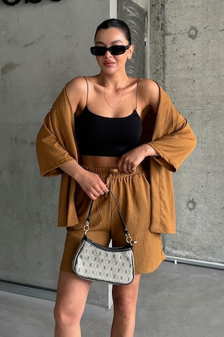 Modagen Kadın Camel Kimono Şort Alt Üst Takım Camel