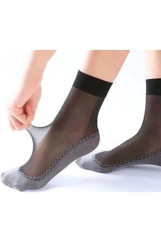 Moveevo Yazın İnce Nane Desenli Nefes Alıcı Pamuk Tabanlı Kayma Engellli Çoraplar Siyah 10'lu Paket Siyah