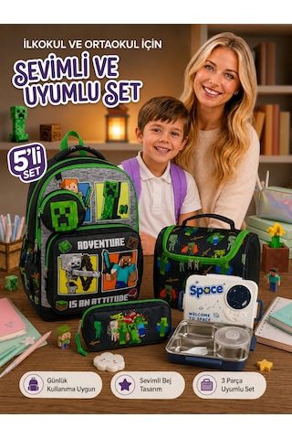 5'lü Erkek Çocuk İlkokul Ortaokul Çanta Seti, Okul Çantası Paslanmaz Çelik 3 Bölmeli Geniş Ve Derin Beslenme Kabı 1050ml Bej - Yeşil