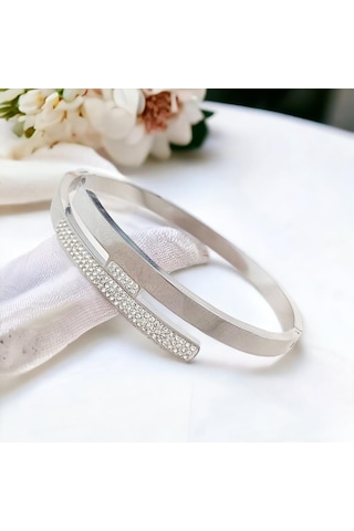 Şık Zirkon Taşlı Çelik Kelepçe Bileklik - Kararmaz Gümüş Kaplama Gümüş