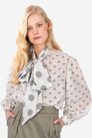 Kadın Puantiye Desenli Fularlı Bluz Frn1003 Bej