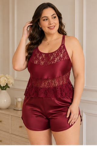 Loule Büyük Beden Bordo Dantel Etek Uçlu Şortlu Pijama Takımı