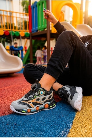 Ht Hotin Rush Çocuk Günlük Işıklı Spor Ayakkabı Pratik Bağlama Detaylı Sneaker - Gri-siyah
