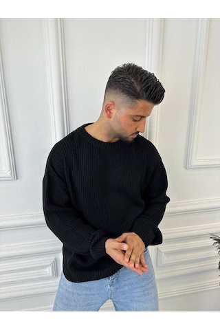 Kazak Oversize Çift Kat Örme Naturel Pamuk Bol Kesim Tüylenmeyen Salaş Triko Kazak Siyah
