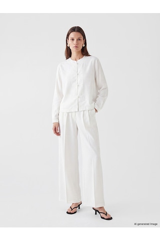 Lcw Modest Ekru Loose Fit Keten Görünümlü Kadın Pileli Pantolon