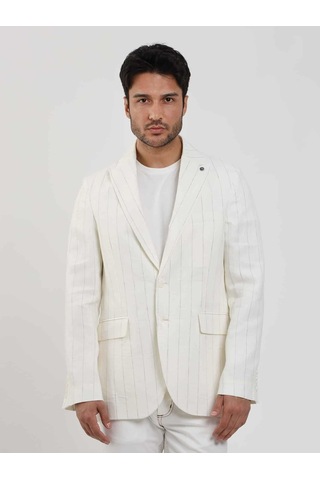 Dufy Ekru Erkek Regular Fit Çizgili Sivri Yaka Keten Ceket - 104438-ekru Ekru