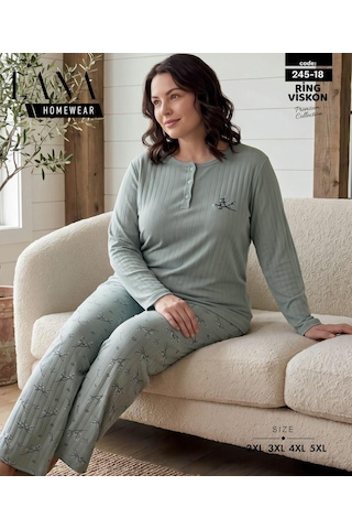 Lana Kadın Battal Pamuk Likralı Raporlu İnterlok Kışlık Pijama Takımı 245/18 - 1 Adet Yeşil