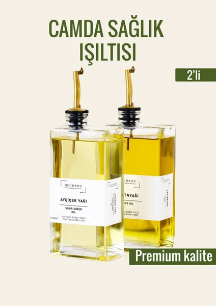 Cam Yağdanlık Seti 2 Li 500 Ml, Sızdırmaz Kapaklı, Etiketli Şişe Gold