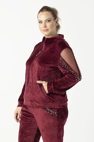 1950 Kolları Taşlı Tam Kalıp Tarz Kadife Büyük Beden Eşofman Takım Bordo Bordo