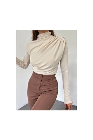Unika Boutique Kadın Kahverengi Dik Yaka Omuz Ve Bel Büzgülü Uzun Kollu Bluz Bej