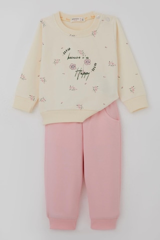 Breeze Kız Bebek Eşofman Takımı Pembe Çiçek Desenli 6 Ay-2 Yaş, Krem Krem