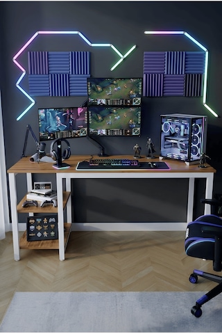 Reflekta Raflı Oyuncu Masası 60x160 Cm. Gaming Masa Demonte Atlantik Çam-beyaz