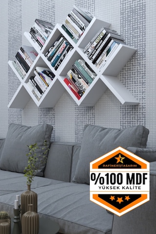 Mdf Kitaplık Bölmeli Raflı Dekoratif Tasarımlı Beyaz