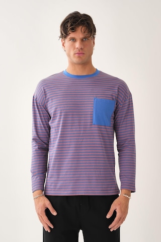 Cep Detaylı Çizgili T-shirt Mavi