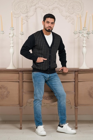 Woolen World Regular Fit V Yaka Ön Cepli Desenli Triko Hırka Lacivert