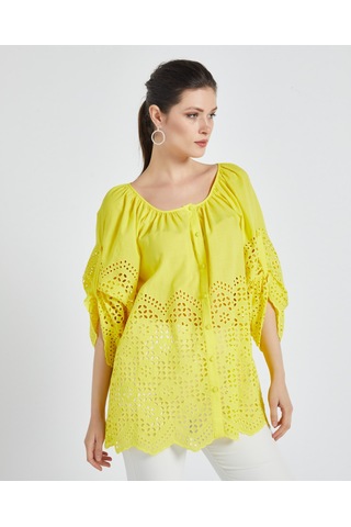 Kadın Pamuk Gömlek Ajurlu Detaylı, Rahat Kalıp Yazlık Tasarım Sarı