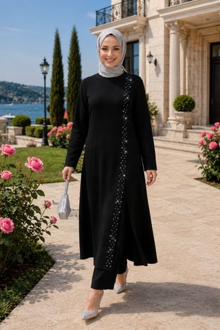 Hb Harma Time Butik Kadın İnci İşlemeli Siyah Tunik-pantolon İkili Takım