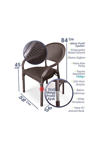 Bahex Bambu 4lü Set Rattan Kollu Bahçe Sandalye Koltuk 4ad Kahve Kahverengi