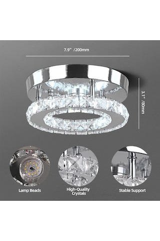 Symbee Led Kristal Tavan Lambası, Yuvarlak Koridor/enfilod/ Balkon Işığı, Modern Minimalist, 20x20cm 15w, 3 Renkli 3000-6500k Değişim Işık Kaynağı Sarı