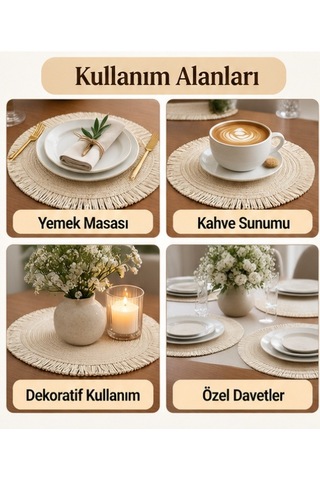 Mucit Home Krem Püsküllü Hasır Supla Yuvarlak Amerikan Servis Tabak Altlığı Dekoratif Örgü Sofra Matı Kahverengi