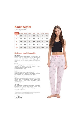 Tudors Kadın Regular Fit Klasik Kesim Viskon Beli Lastikli Fiyonk Detaylı Baskılı Pembe Pijama Altı-51005
