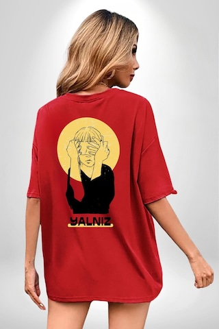 Yalnız Kadına Şiddete Hayır Kırmızı Oversize Unisex Ön Ve Sırt Baskılı Tişört Kırmızı