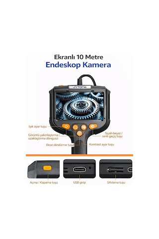 Vothoon Monitörlü Tek Kameralı 10 Mt Sert Kablo Yılan Endoskop Kamera 5,5 Mm 4.3 Inc Ekran Ip67 Su Geçirmez